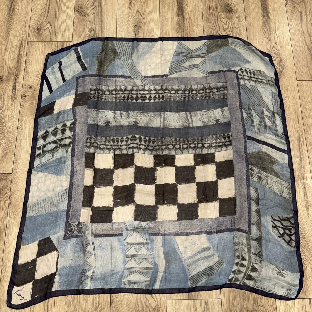 Women's Vintage KENZO Light Silk Checked Checkered Scarf Wrap Blue Black White